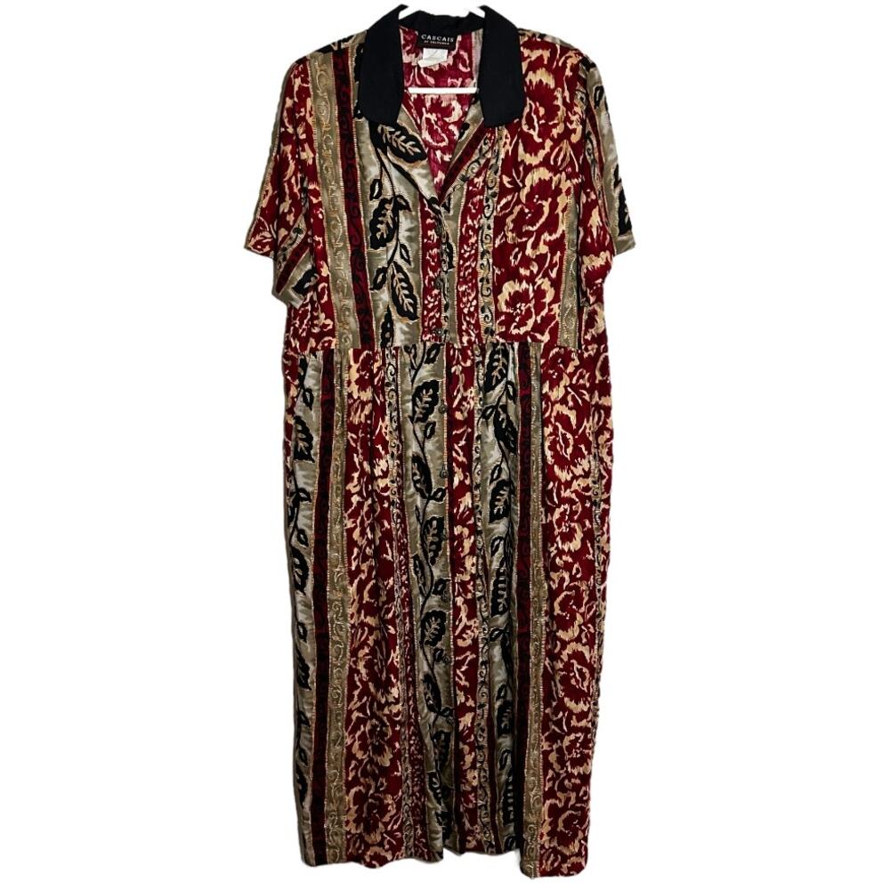 Vintage Cascais Maxi Dress 80s Short Sleeve Button Up Collared Leaf Maroon 14
